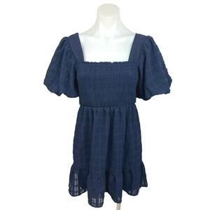 Midnight Doll Blue Smocked Square Neck Puff Sleeve A Line Mini Dress Size M